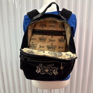 Juicy Couture Black Velvet Backpack with Printed Cream Lining